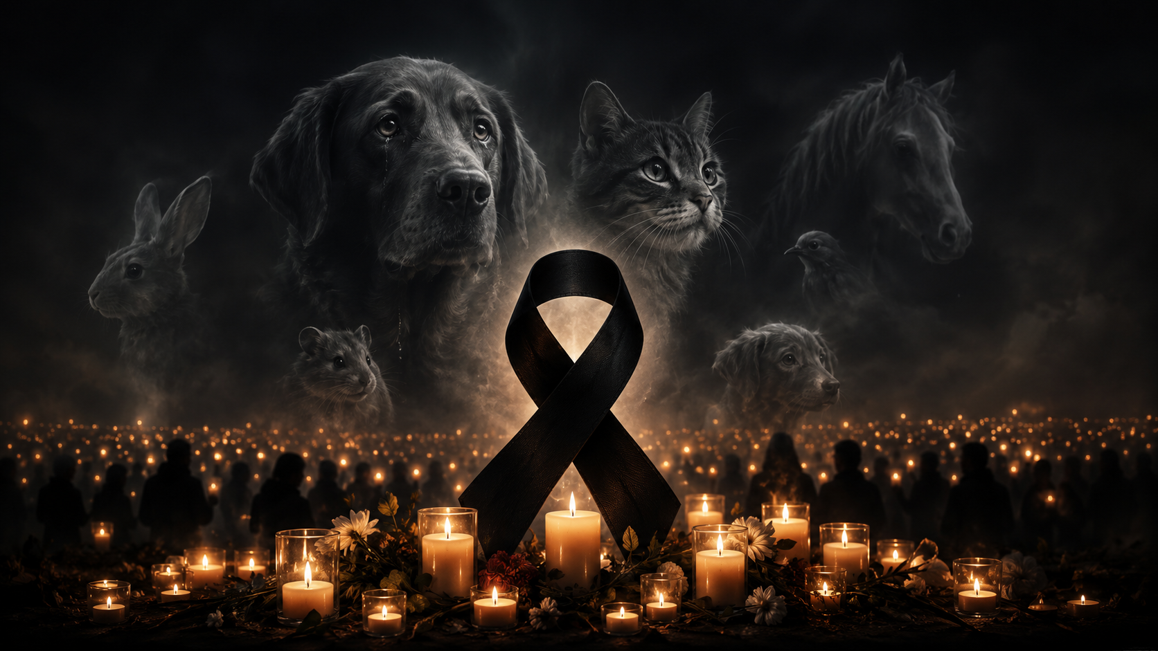 Dunkle Mahnwache mit vielen brennenden Kerzen, einer schwarzen Gedenkschleife und schemenhaften Umrissen von Hund, Katze, Pferd, Kaninchen, Vogel und Hamster im Hintergrund.