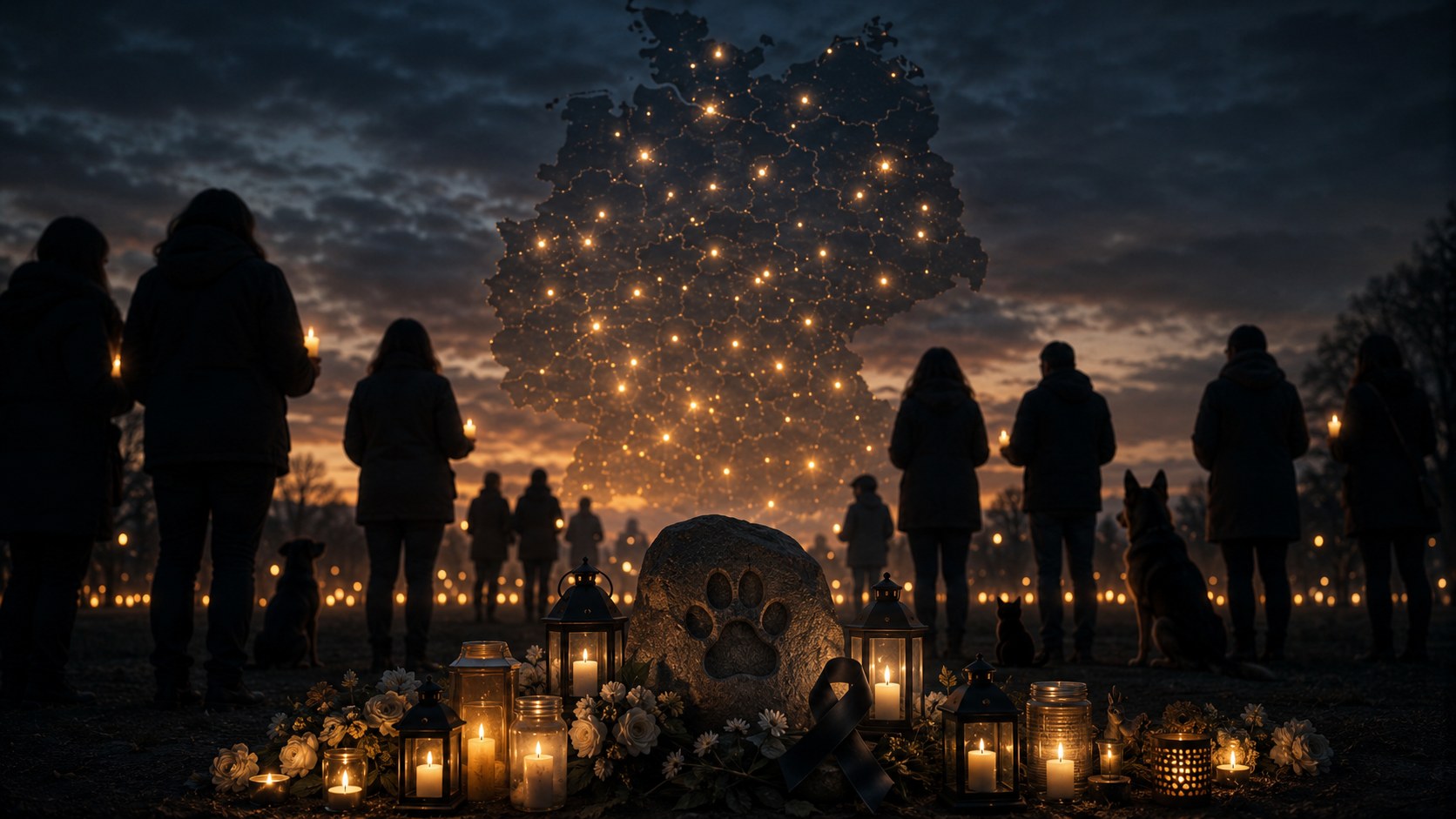 Menschen mit Kerzen stehen bei einer Mahnwache vor einer leuchtenden Deutschlandkarte aus Lichtpunkten, im Vordergrund ein Gedenkstein mit Pfotenabdruck, Kerzen und einer schwarzen Gedenkschleife.